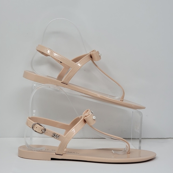 Stuart Weitzman Imitation Pearl Bow Jelly Beige Sandal Women's Size 8B New - Picture 2 of 10